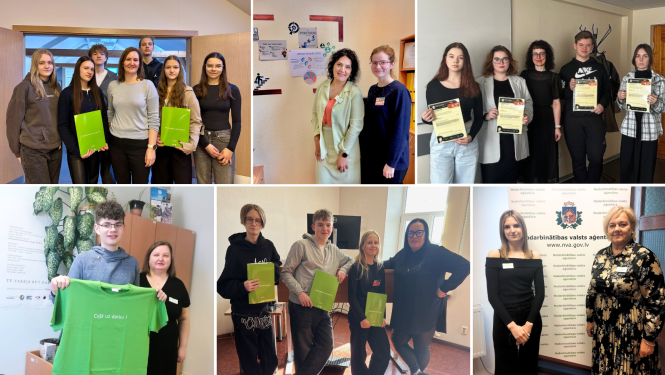 Foto kolāža. Jauniešu dalība Ēnu dienā Nodarbinātības valsts aģentūrā – iepazīstot karjeras iespējas un darba vidi. 