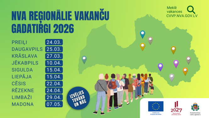 Infografika par NVA reģionālajiem vakanču gadatirgiem 2026 ar pilsētām, datumiem un Latvijas karti ar norises vietām.