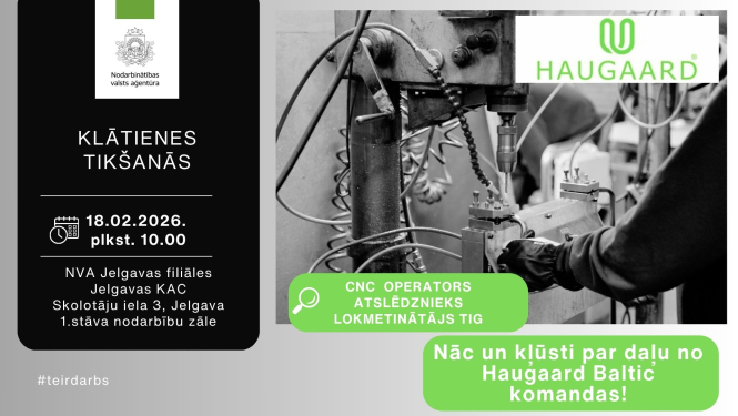 Plakāts, attēlā redzams darbs ar metālapstrādes darbagaldu un uzņēmuma logo.