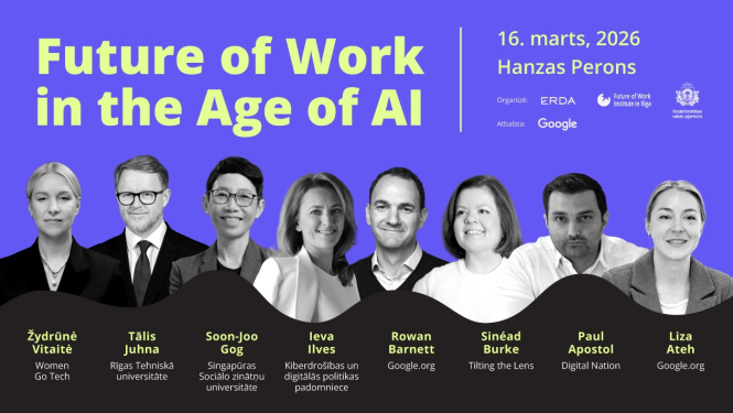 Pasākuma plakāts “Future of Work in the Age of AI” ar datumu 2026. gada 16. marts, norises vietu Hanzas Perons un astoņu runātāju portretiem apakšā.