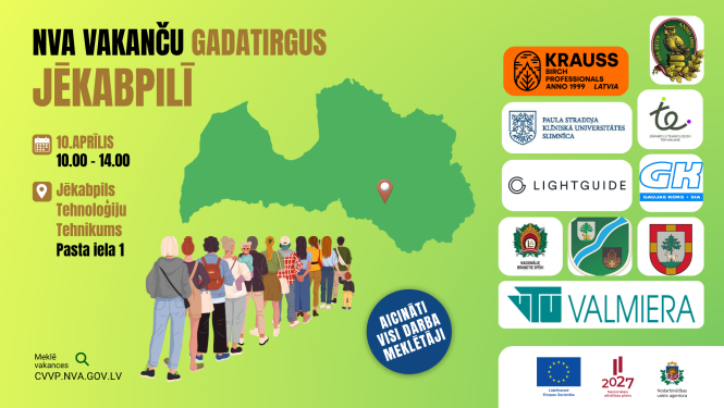 NVA vakanču gadatirgus Jēkabpilī 10. aprīlī – plakāts uz zaļa fona ar Latvijas karti un uzņēmumu logotipiem.