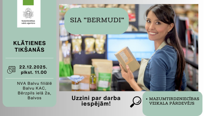 Plakāts, paziņojums par tikšanos ar darba devēju. Attēlā smaidīga meitene-pārdevēja.