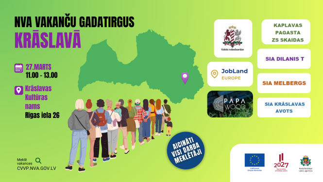 NVA vakanču gadatirgus Krāslavā 27. martā – plakāts uz zaļa fona ar Latvijas karti un uzņēmumu logotipiem.