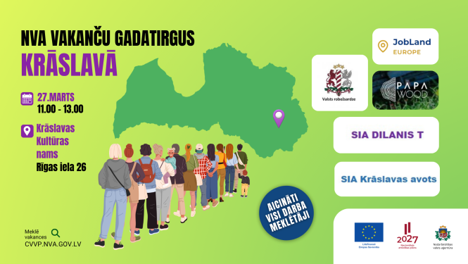 NVA vakanču gadatirgus Krāslavā 27. martā – plakāts uz zaļa fona ar Latvijas karti un uzņēmumu logotipiem.