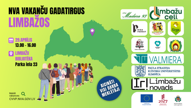 NVA vakanču gadatirgus Limbažos 29. aprīlī – plakāts uz zaļa fona ar Latvijas karti un uzņēmumu logotipiem.