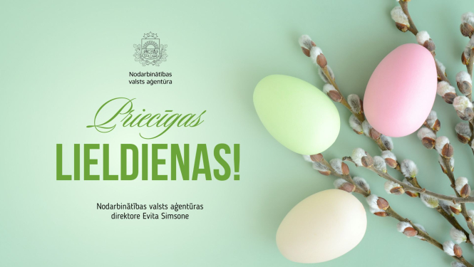 Apsveikuma attēls ar tekstu "Priecīgas Lieldienas!" un krāsotām olām ar pūpolu zariem uz gaiši zaļa fona.