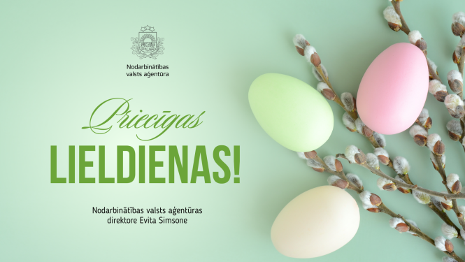 Apsveikuma attēls ar tekstu "Priecīgas Lieldienas!" un krāsotām olām ar pūpolu zariem uz gaiši zaļa fona.