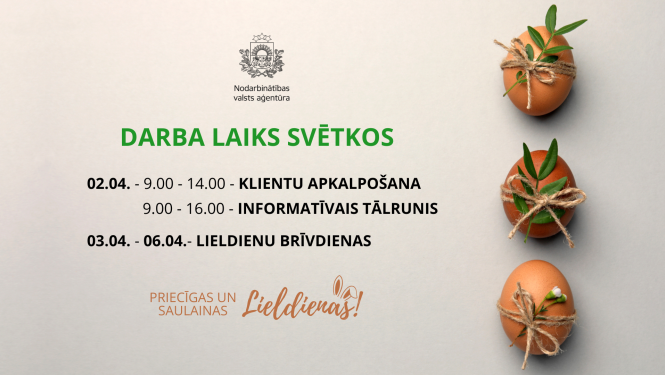 Nodarbinātības valsts aģentūras darba laiks Lieldienu svētkos: 2. aprīlī klientu apkalpošana 9.00–14.00, informatīvais tālrunis 9.00–16.00; no 3. līdz 6. aprīlim – brīvdienas. Labajā pusē dekorētas Lieldienu olas ar zaļiem zariņiem.