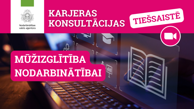 Tiešsaistes karjeras konsultācijas par mūžizglītību nodarbinātībai, attēlā - dators ar izglītības un tehnoloģiju ikonām ekrānā 
