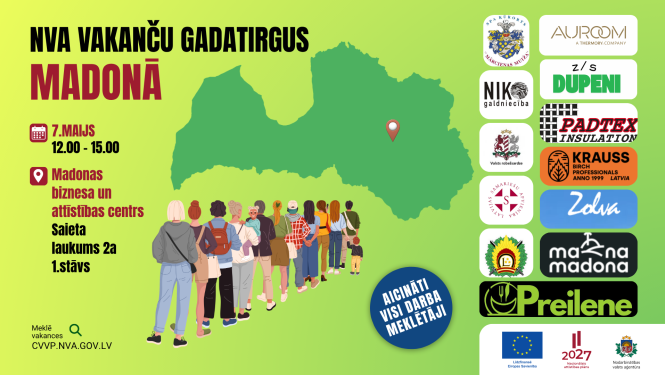 NVA vakanču gadatirgus Madona 07. maijā – plakāts uz zaļa fona ar Latvijas karti un uzņēmumu logotipiem.