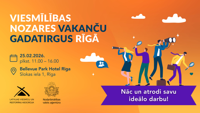 Afiša par viesmīlības nozares vakanču gadatirgu Rīgā ar ilustrētiem darba meklētājiem.
