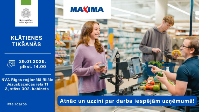 Plakāts, paziņojums par tikšanos ar darba devēju- attēlā sieviete, vīrietis un kasieris