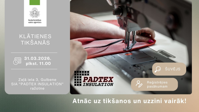 Plakāts, paziņojums par tikšanos ar darba devēju. Attēlā  roka pie šujmašīnas.