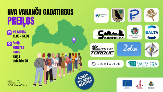 "NVA vakanču gadatirgus Preiļos (24. marts). Plakāts ar uzņēmumu logotipiem un Latvijas karti uz zaļa fona.