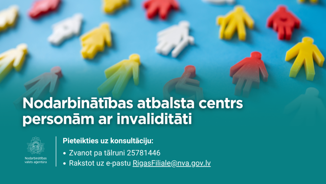 Nodarbinātības atbalsta centrs personām ar invaliditāti. Konsultācijai iespējams pieteikties pa tālruni 25781446 vai, nosūtot e-pastu, uz RigasFiliale@nva.gov.lv. Attēlā redzami dažādu krāsu cilvēciņu simboli uz zila fona.