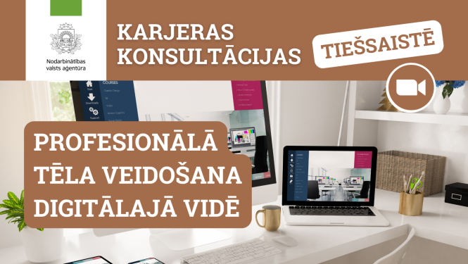 Karjeras konsultācija tiešsaistē par profesionālā tēla veidošanu digitālajā vidē, attēlā redzami datori un NVA logo. 