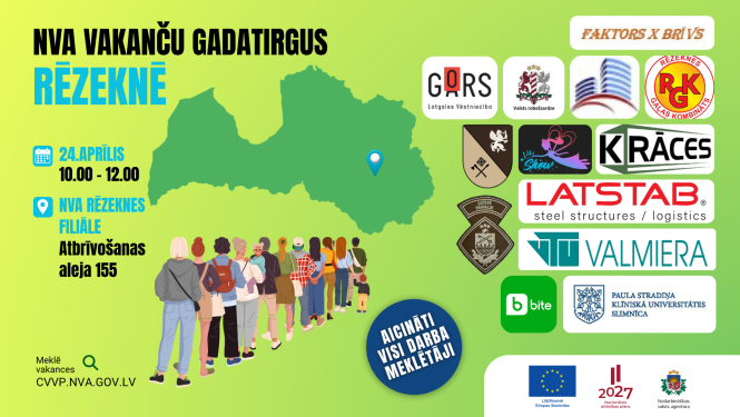 NVA vakanču gadatirgus Rēzeknē 24. aprīlī – plakāts uz zaļa fona ar Latvijas karti un uzņēmumu logotipiem.