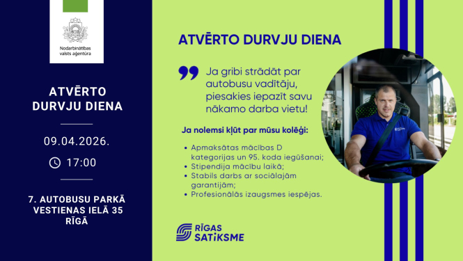 Informācija darba meklētājiem par Rīgas Satiksmes atvērto durvju dienu 9. aprīlī 18. decembrī