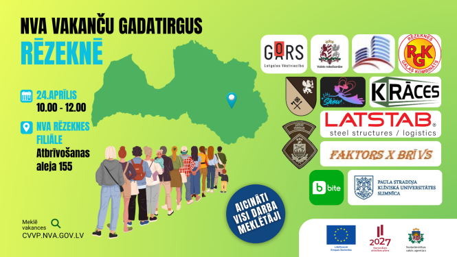 NVA vakanču gadatirgus Rēzeknē 24. aprīlī – plakāts uz zaļa fona ar Latvijas karti un uzņēmumu logotipiem.