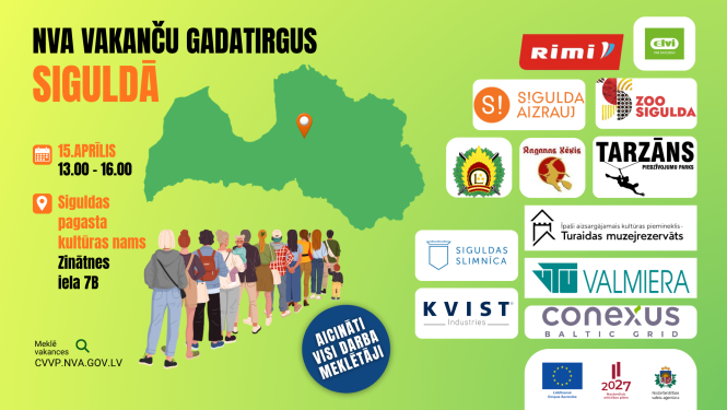 NVA vakanču gadatirgus Siguldā 15. aprīlī – plakāts uz zaļa fona ar Latvijas karti un uzņēmumu logotipiem.