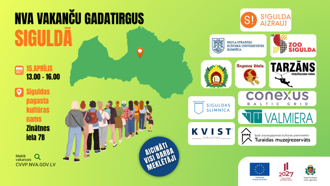 NVA vakanču gadatirgus Siguldā 15. aprīlī – plakāts uz zaļa fona ar Latvijas karti un uzņēmumu logotipiem.