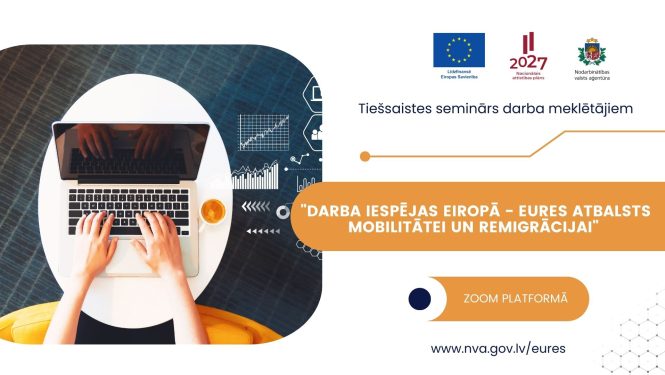 Lapā redzams darbs pie klēpjdatora un informācija par semināru