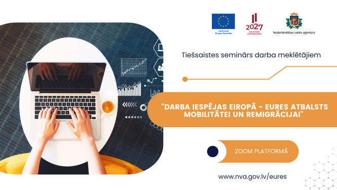 Plakāts. Tiešsaistes seminārs darba meklētājiem “Darba iespējas Eiropā – EURES atbalsts mobilitātei un remigrācijai” Zoom platformā. Kreisajā pusē foto ar cilvēka rokām pie klēpjdatora uz apaļa galdiņa, blakus kafijas tasīte un uzliktas grafiku ikonas. Augšā logotipi: ES, NAP2027, NVA. Norādīta saite: www.nva.gov.lv/eures