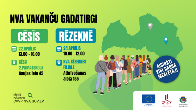 NVA vakanču gadatirgi Cēsīs un Rēzeknē – plakāts uz zaļa fona ar Latvijas karti un uzņēmumu logotipiem.