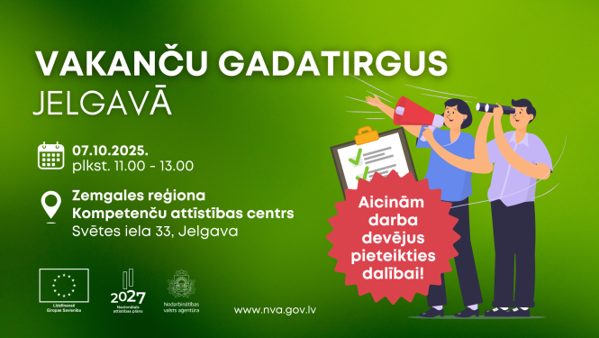 Afiša par vakanču gadatirgu Jelgavā 2025. gada 7. oktobrī Zemgales reģiona Kompetenču attīstības centrā, ar aicinājumu darba devējiem pieteikties dalībai.