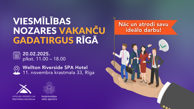 Viesmīlības nozares vakanču gadatirgus Rīgā – 20. februārī, no plkst. 11:00 līdz 18:00, Wellton Riverside SPA Hotel, 11. novembra krastmalā 33.