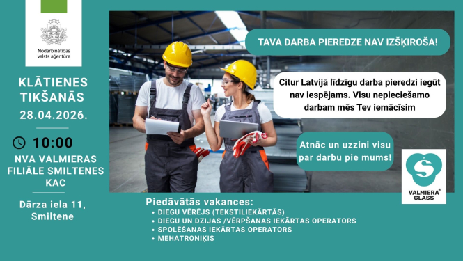 Plakāts, paziņojums par tikšanos ar darba devēju. Attēlā  divi cilvēki ķiverēs.