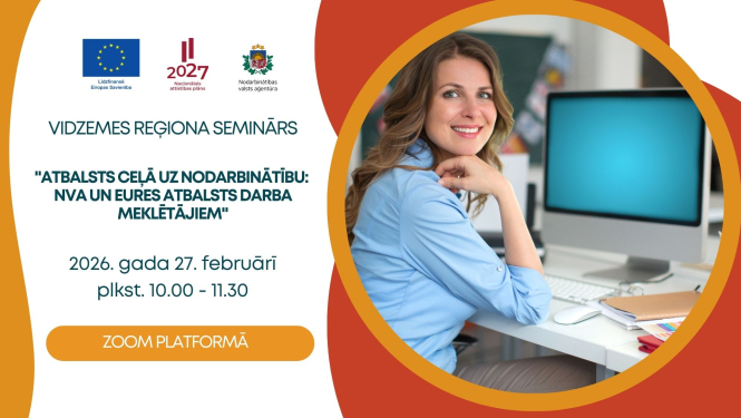 Plakāts, paziņojums par tiešsaistes semināru. Attēlā  meitene pie datora.