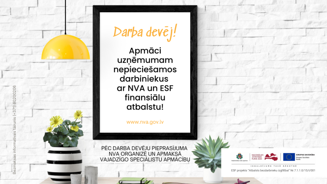 Vizualizācija, NVA logo un tektstuāls saturs, fons: foto - darbs birojā