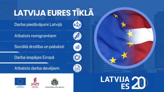 Attēls ir sadalīts divās daļās. Pirmajā daļā teksts un logo. Otrajā daļā ilustratīvs attēls. Apraksts zem attēla.