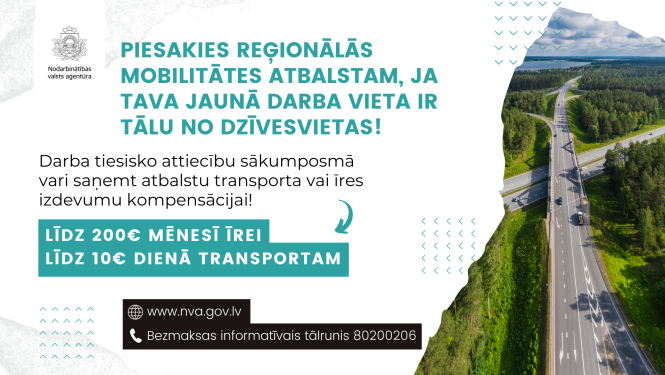 Vizualizācija: NVA logo, tekstuāls saturs, foto - ceļš uz darbu