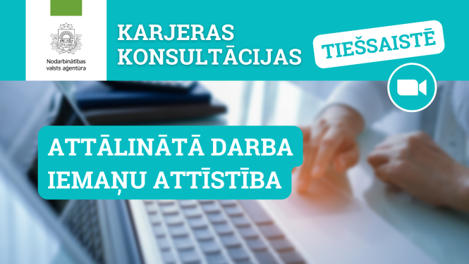 NVA logo, teksts: Karjeras konsultācijas tiešsaistē, Attālinātā darba iemaņu attīstība, foto: darbs pie datora