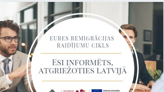 ESF logo ansamblis, NVA logo, teksts, foto: cilvēks birojā sēž piegalda 