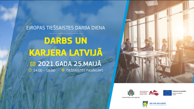 NVA logo, ESF logo ansamblis, teksts, attēlu kolāža: darbs birojā un dabiska pļava