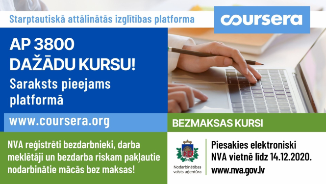Teksts, NVA logo, klēpjdators, roka, logo Coursera