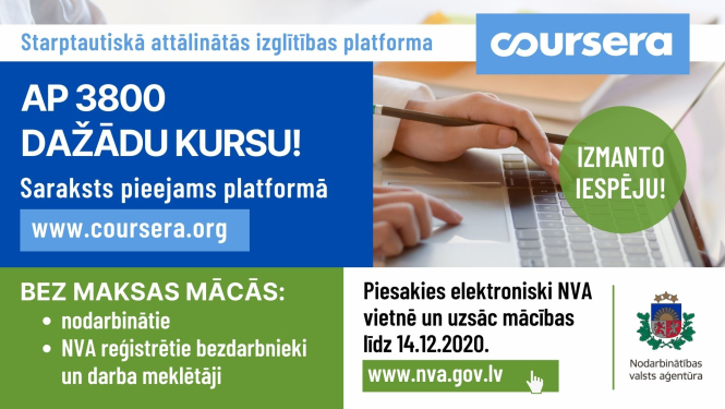 Teksts, NVA logo, klēpjdators, roka, logo Coursera