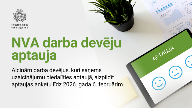 Informatīva afiša par NVA darba devēju aptauju ar aicinājumu piedalīties un aizpildīt anketu līdz 2026. gada 6. februārim.