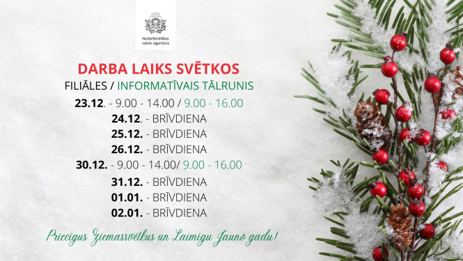 Informatīvs svētku paziņojums par Nodarbinātības valsts aģentūras darba laiku Ziemassvētku un Jaungada periodā uz gaiša, ziemīga fona ar egļu zariem, čiekuriem un sarkanām ogām.