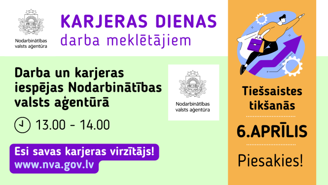 NVA logo, tektuāls saturs, zīmējums: cilvēks lido veidot karjeru