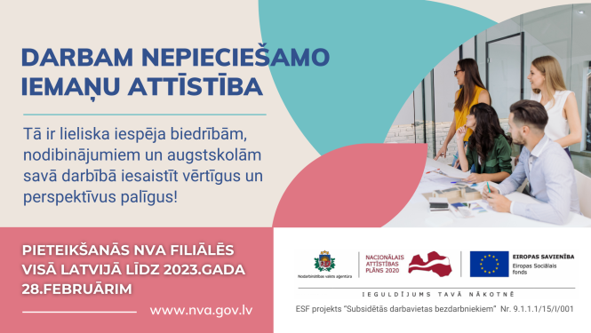 Vizualizācija: ESF un NVA logo, tekstuāls saturs, foto - darbs birojā