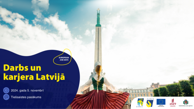 Atklāj karjeras iespējas Latvijā! Sieviete latviešu tautas kostīmā pie Brīvības pieminekļa Rīgā.