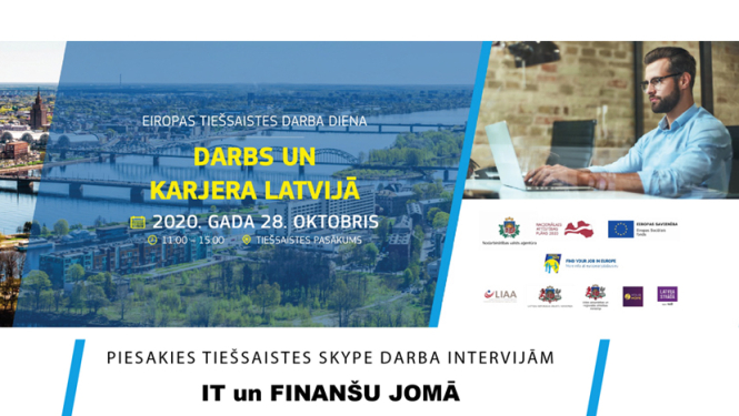 Rīgas panorāmas skats, vīrietis strādā birojā, sēž pie galda ar klēpjdatoru, valsts pārvaldes iestāžu un Eiropas Savienības fondu logotipi