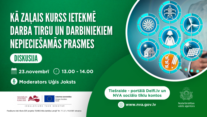 Vizualizācija: teksts, NVA logo, ilustrācija