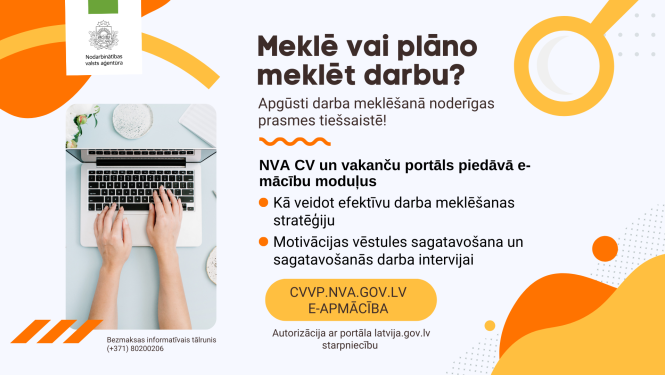 NVA logo, tekstuāls saturs. foto: darbs pie datora 