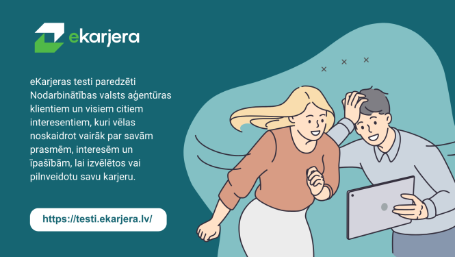 Attēls ir sadalīts divās daļās. Pirmajā daļā teksts un E-karjera logo. Otrajā daļā Ilustratīvs attēls. Apraksts zem attēla.