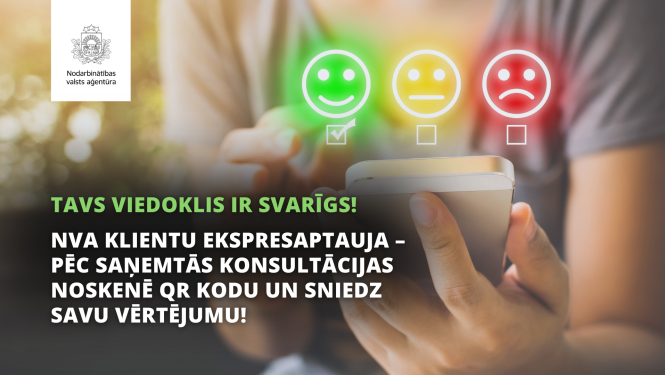 NVA aicina pēc konsultācijas noskenēt QR kodu un sniegt vērtējumu. Attēlā redzams viedtālrunis un emocijikonas.